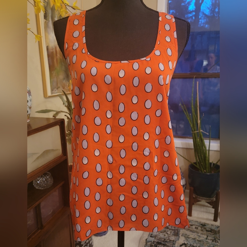 Current Affair Orange with Grey Dot Print Racerback Tank w Hi-Lo Hem M